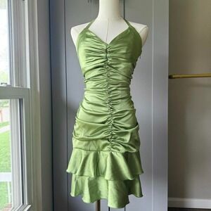 Jessica McClintock Vintage Halter Dress Women's Small Runched Green Satin